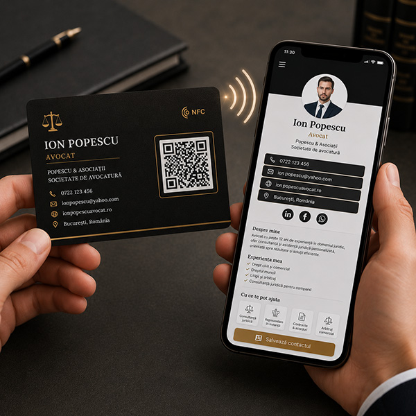 Card NFC premium personalizat și profilul digital corespunzător pe telefon