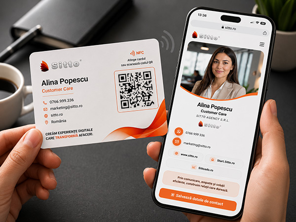 Profil digital demonstrativ Alina Popescu, alături de cardul NFC Sitto