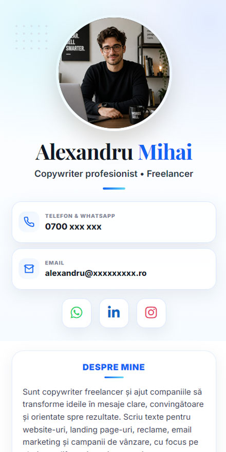 Previzualizare profil digital Alexandru Mihai — Copywriter profesionist