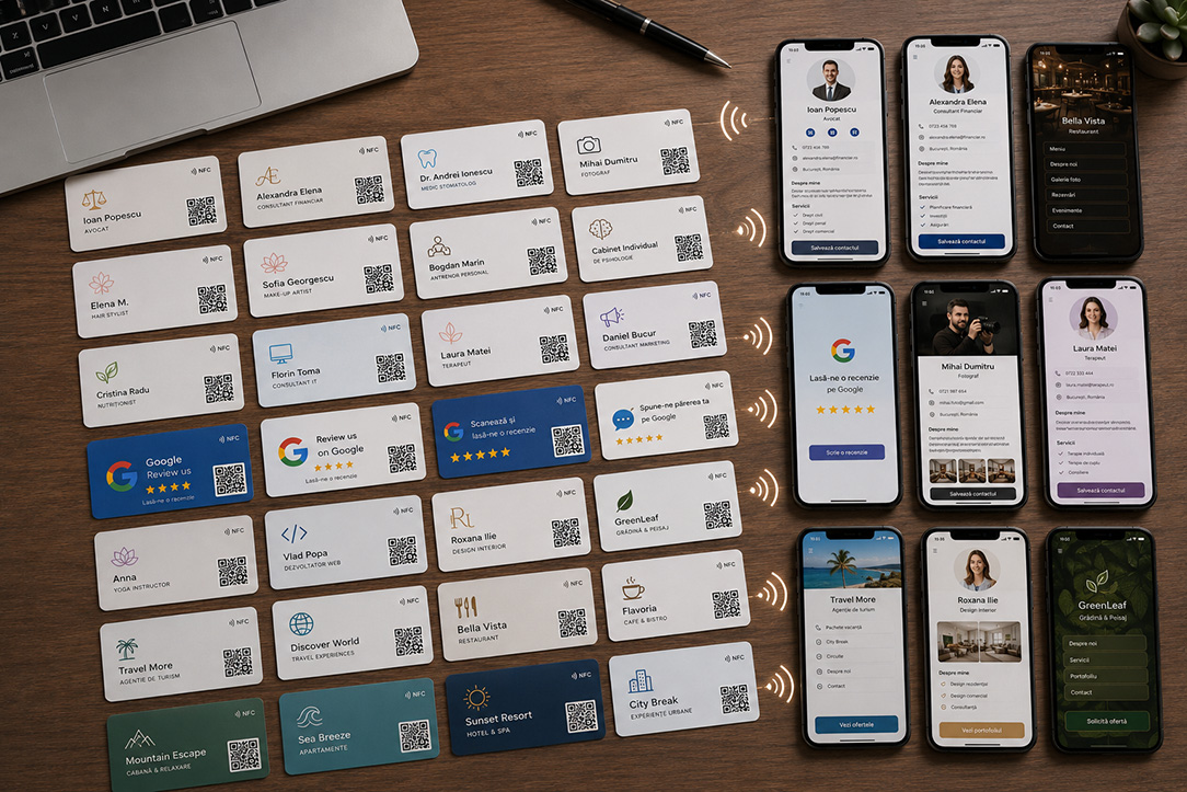 Variante de carduri NFC Sitto pentru diferite profesii, alături de profilurile digitale corespunzătoare pe telefon